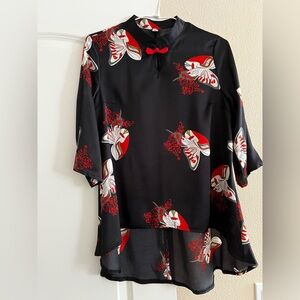 Black Kimono with Red and White Floral Design